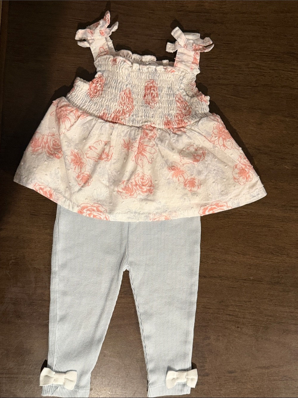 Girls White & Coral Floral Smocked Set 6/9months